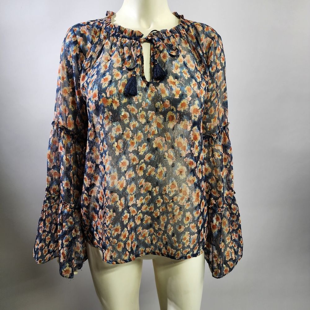 lovestitch Navy Blue Floral Peasant Blouse with Tassel Tie